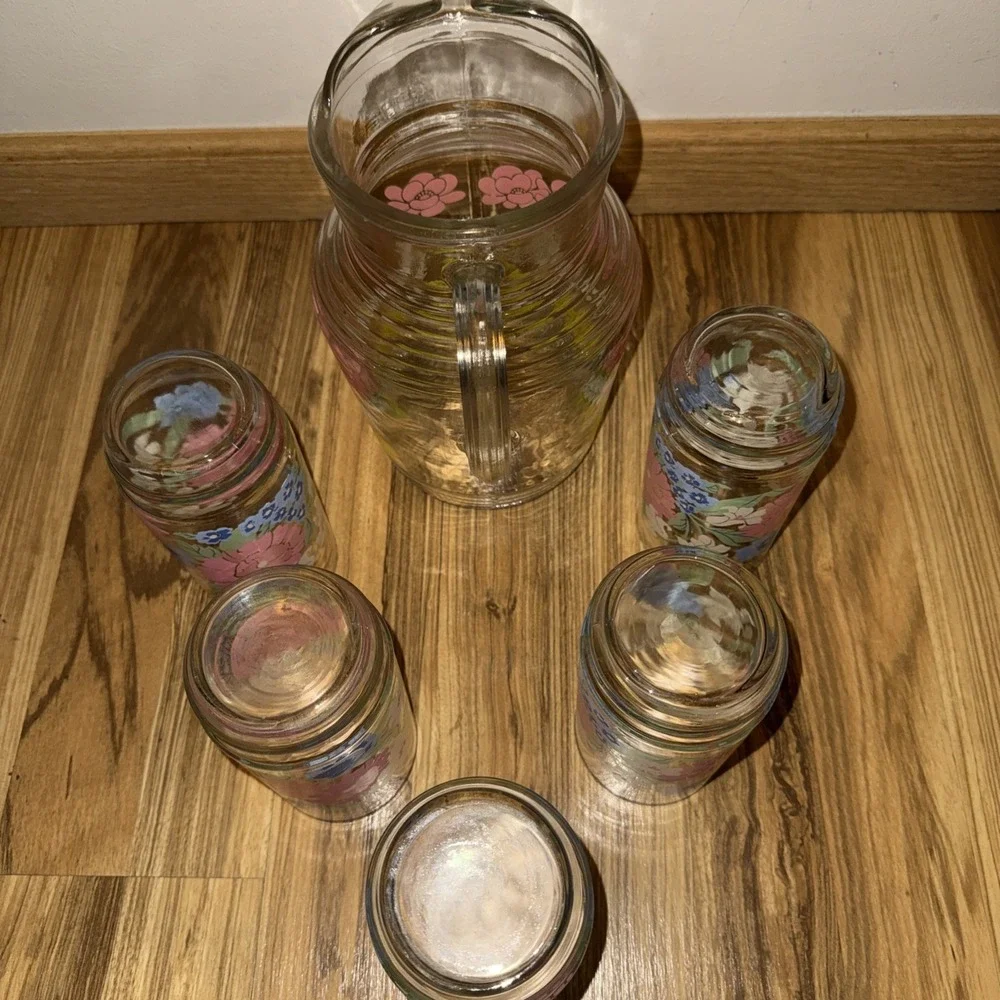 RETRO FLORAL Anchor Hocking Pitcher and 5 Glasses Vintage SET Floral EUC‎